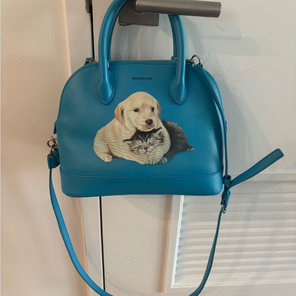 Balenciaga Ville Top Handle Bag Puppy Kitten Print Lambskin Leather Crossbody